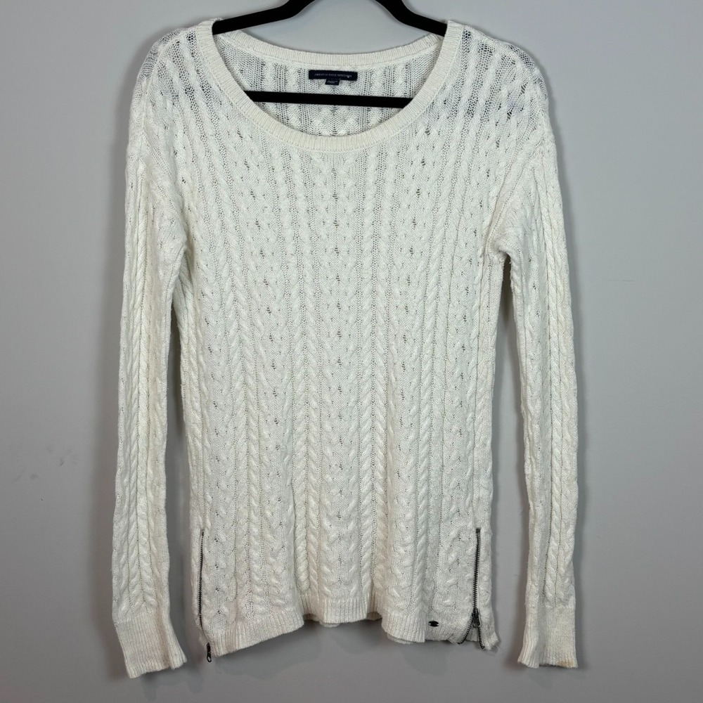 American Eagle Outfitters Womens White Cable Knit Fishermans Sweater SZ MED‎